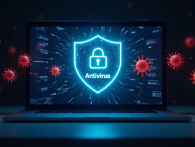 Laptop screen with glowing antivirus shield icon surrounded by virus graphics, representing cybersecurity protection.